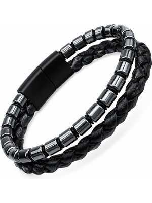Kryon Hakiki Deri El Örmesi Erkek Bileklik, Hematit Doğaltaş, Siyah, Manyetik Kilit, Modern Stil