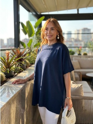 Beruflic Kadın Bisiklet Yaka Kısa Yarasa Kollu Yanları Yırtmaçlı Oversize Dökümlü Merserize Bluz