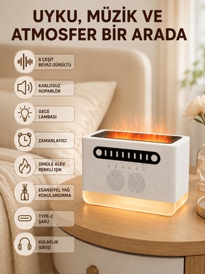 Mabelme Store Hoparlörlü Simüle Alev Işıklı Çok Fonksiyonlu Gece Lambası
