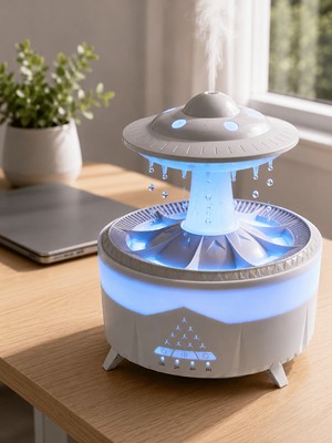 Mabelme Store Dekoratif Ufo Hava Nemlendirici Simüle Yağmur Damlalı Renkli Gece Işıklı 350 ml