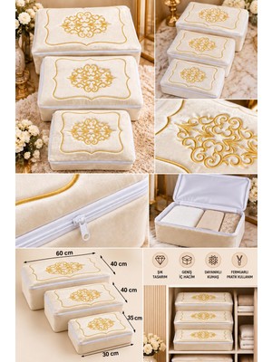 Çeyizlik Kadife Gold Işlemeli 3’lü Bohça Nişan Gelin Damat Hurcu 60X40, 40X40, 35X30