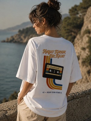 Can Moda Canmoda Unisex Beyaz Oversize Karışık Kaset Walkman Slogan Baskılı Tişört - A2