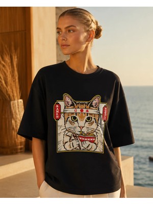 Can Moda Canmoda Siyah Oversize Japon Ramen Kedi Anime Baskılı %100 Pamuk Tişört