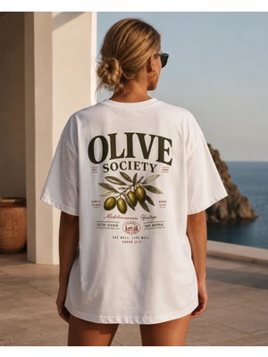 Can Moda Canmoda Unisex Beyaz Oversize Olive Society Zeytin Dalı Temalı Baskılı Tişört