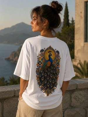 Can Moda Canmoda Unisex Beyaz Oversize Tavuskuşu Baskılı Tişört
