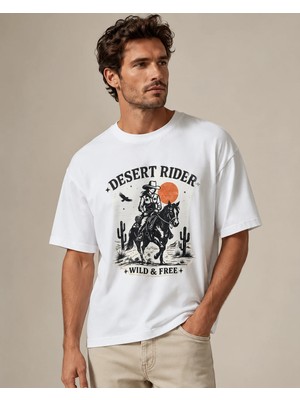 Can Moda Canmoda Unisex Beyaz Oversize Desert Rider Kovboy Atlı Çöl Baskılı Tişört
