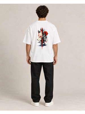 Can Moda Canmoda Beyaz Kitsune ve Şehir Baskılı Unisex Tişört