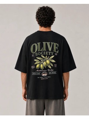 Can Moda Canmoda Unisex Siyah Oversize Olive Society Zeytin Dalı Temalı Baskılı Tişört