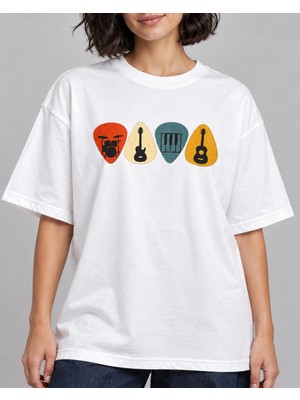 Can Moda Canmoda Beyaz Retro Enstrüman Baskılı Unisex Tişört