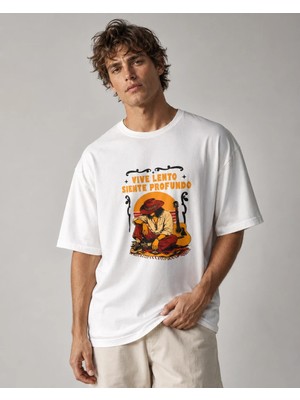 Can Moda Canmoda Erkek Beyaz Oversize Kovboy Gitar Baskılı %100 Pamuk Tişört