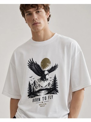 Can Moda Canmoda Unisex Beyaz Oversize Kartal Dağ Manzaralı Nature Baskılı Tişört