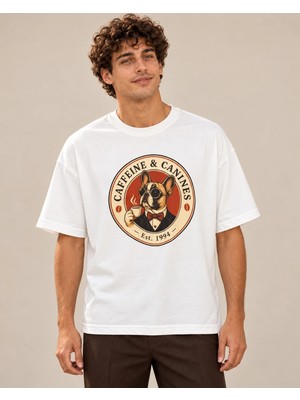 Can Moda Canmoda Beyaz Caffeine & Canines Baskılı Unisex Tişört