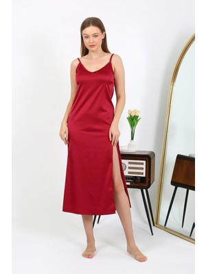 Mestore Moda Çizgi Yırtmaçlı Uzun Saten Gecelik Bordo 7410