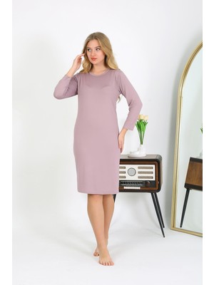 Mestore Moda Çizgi Pamuk Ev Elbisesi Tunik Gecelik Pudra 13132