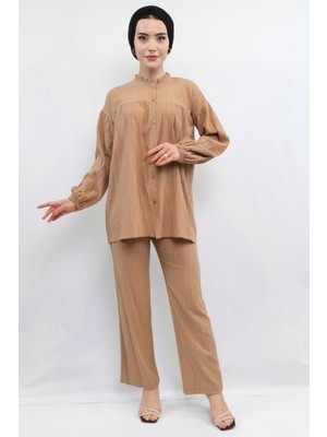 Mestore Moda Çizgili Robalı Ikili Takım Vizon