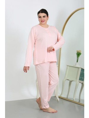 Mestore Moda Çizgi Kadın Büyük Beden Uzun Kol Penye Pijama Takımı Pembe 202501