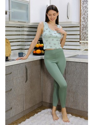 Mestore Moda Çizgi Kadın Crop Büstiyer Tayt Alt Üst Takım Suyeşili 5910