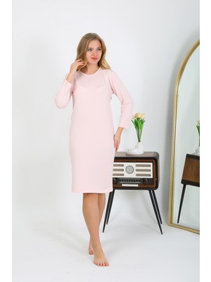 Mestore Moda Çizgi Pamuk Ev Elbisesi Tunik Gecelik Somon 13132