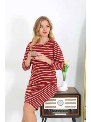 Mestore Moda Çizgi Pamuk Ev Elbisesi Tunik Gecelik Kırmızı 13132