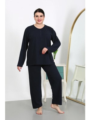 Mestore Moda Çizgi Kadın Büyük Beden Uzun Kol Penye Pijama Takımı Lacivert 202501
