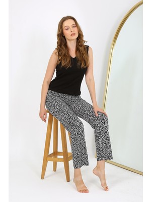 Mestore Moda Çizgi Kadın Penye Leopar Desenli Tek Alt Pijama 27536 Gri