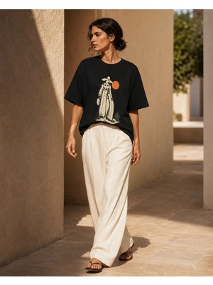 Can Moda Canmoda Unisex Siyah Oversize Arizona Kovboy Kadın Western Baskılı Tişört