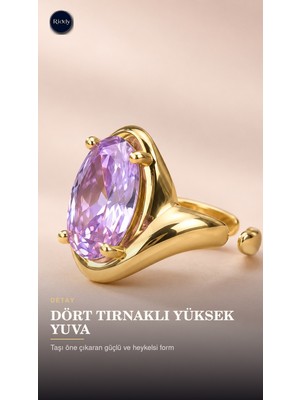 Riody Aube Violette Gold Kaplama Doğal Lila Kedi Gözü Taşlı Açık Form Kadın Yüzük