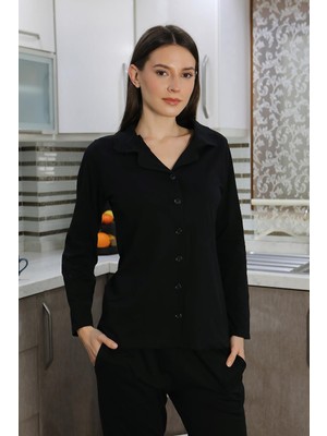 Mestore Moda Çizgi Kadın Pamuk Penye Önden Düğmeli Uzun Kol Pijama Takım Siyah 2783