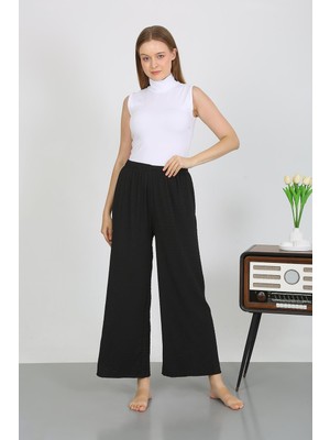 Mestore Moda Çizgi Kadın Bürümcük Kumaş Hafif-Esnek Pantolon 210074 Siyah