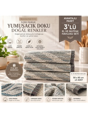 Maisonette %100 Pamuk 3'lü El ve Mutfak Havlusu Seti 50X85 cm | Çok Amaçlı Kurulama Havlusu