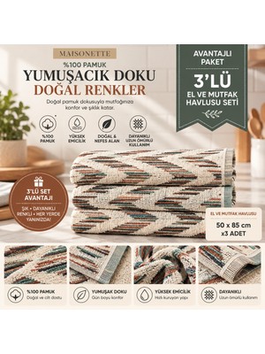Maisonette %100 Pamuk 3'lü El ve Mutfak Havlusu Seti 50X85 cm | Çok Amaçlı Kurulama Havlusu