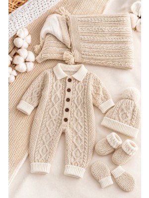 VeroNa Tarz Kız Erkek Unisex 5’li Lüks Triko Yenidoğan Bebek Hastane Çıkışı Seti Içi Peluş Astarlı Battaniyeli Kutulu Hediyelik