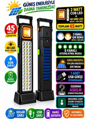 Powermaster Solar Işıldak Fener Güneş Enerjili ve USB Şarjlı Kamp Telefon Güç Kaynağı 48 Ledli 45W