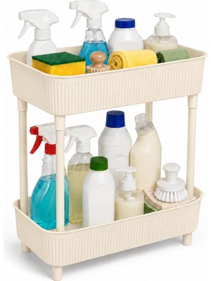 Kawin Iki Katlı Raf Mutfak Banyo Düzenleyici, Tezgah Evye Lavabo Altı Üstü Organizer, 2 Kat Dolap Içi Depolama Rafı (Bej)