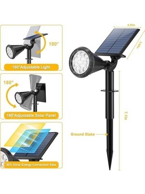 Mabelme Store Forlife Yeşil 18 LED Spot Güneş Enerjili Bahçe Aydınlatma Lambası, Fotoselli, Spike Aplik, 18W Su Geçirmez Dış Mekan Solar Lamba, Ağaç, Veranda, Garaj