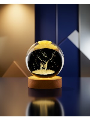 Astraltech Kristal Küre LED Lamba Geyik Figürlü Ahşap Standlı