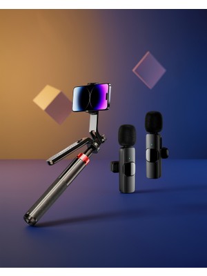 Astraltech Kablosuz Yaka Mikrofonu Seti + Tripodlu Selfie Çubuğu