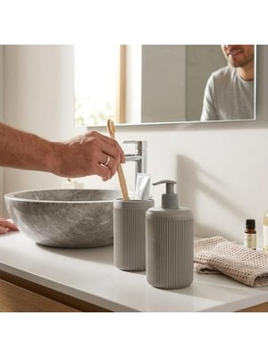 Mabelme Store Ikili Sabunluk Seti - Modern Banyo ve Mutfak Tezgah Üstü Seti - Sıvı Sabunluk ve Losyon Şişesi - Paslanmaz Pompalı 2'li Set-Bej Renk-Modern Şık T
