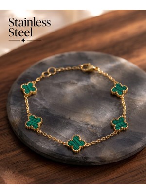 Stainless Steel 316L Çelik Zincir Gold Renk Çizgili Yeşil Mineli Yonca Bileklik