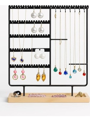 Mabelme Store Takı Organizeri, Takı Standı Metal Stand ve Ahşap Taban, 35X30X9.5 Cm, Küpe Kolye Yüzük Düzenleyici, Siyah