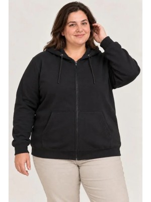 Trend Metkar Battal Büyük Beden Üç Iplik Içi Şardonlu Kapüşonlu Tam Fermuarlı Kışlık Sweatshirt - Siyah