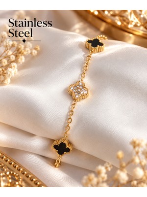 Stainless Steel 316L Çelik Zincir Gold Renk Siyah ve Zirkon Taşlı Yonca Model Bileklik