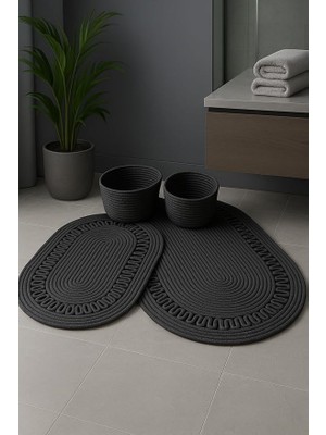 4’lü Banyo Seti – 2’li Oval Paspas & 2’li Oval Sepet, Doğal Halat Dokuma, El Yapımı - Premium Antrasit 50 x 80