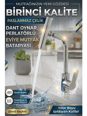 Banyonatural 1. Kalite Paslanmaz Çelik Oynar Başlıklı Mutfak Bataryası Eviye Musluğu Krom