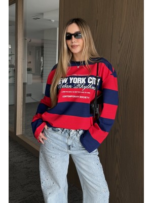 Laluvia Kırmızı Lacivert New York Baskılı Sweatshirt - 1132