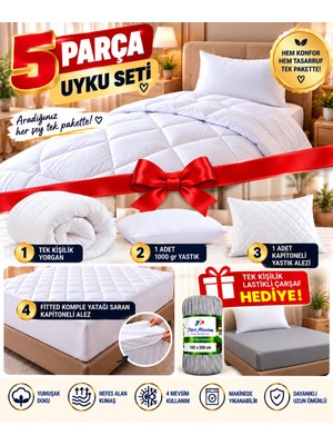 Dolce Mariee Tek Kişilik Uyku Konfor Seti | Yorgan + 1 Adet 1000 gr Yastık + 1 adet Kapitone Yastık Alezi + Fitted Yatak Alezi 100x200 | Lastikli Çarşaf Hediyeli