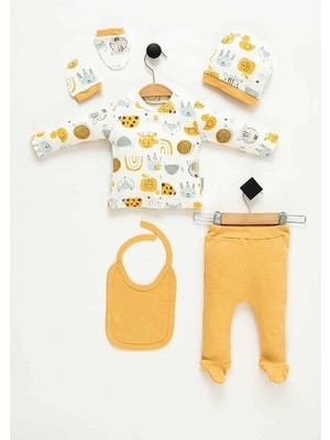 Hastane Çıkışı %100 Pamuk Baskılı Yenidoğan 5'li Set Bebek Kıyafeti, Sarı, Unisex
