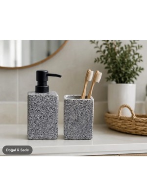 Nixa Nıxa Taş Görünümlü Gri 2’li Banyo Seti – 400 ml Sıvı Sabunluk ve Diş Fırçalık