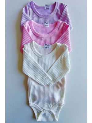 Myzi Store Kız Bebek 3 ADET%100 Pamuk Uzun Kollu Çıtçıtlı Body Badi Zıbın Ekru_lila_pembe 0-3 Ay