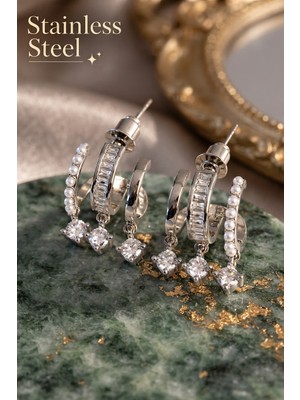 Stainless Steel Pirinç Gümüş Renk Incili Çoklu Zirkon Taşlı Yarım Halka Küpe